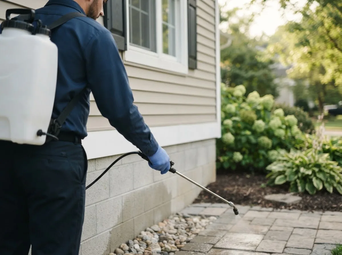 Pest control technician inspecting a home in Piedmont, OH